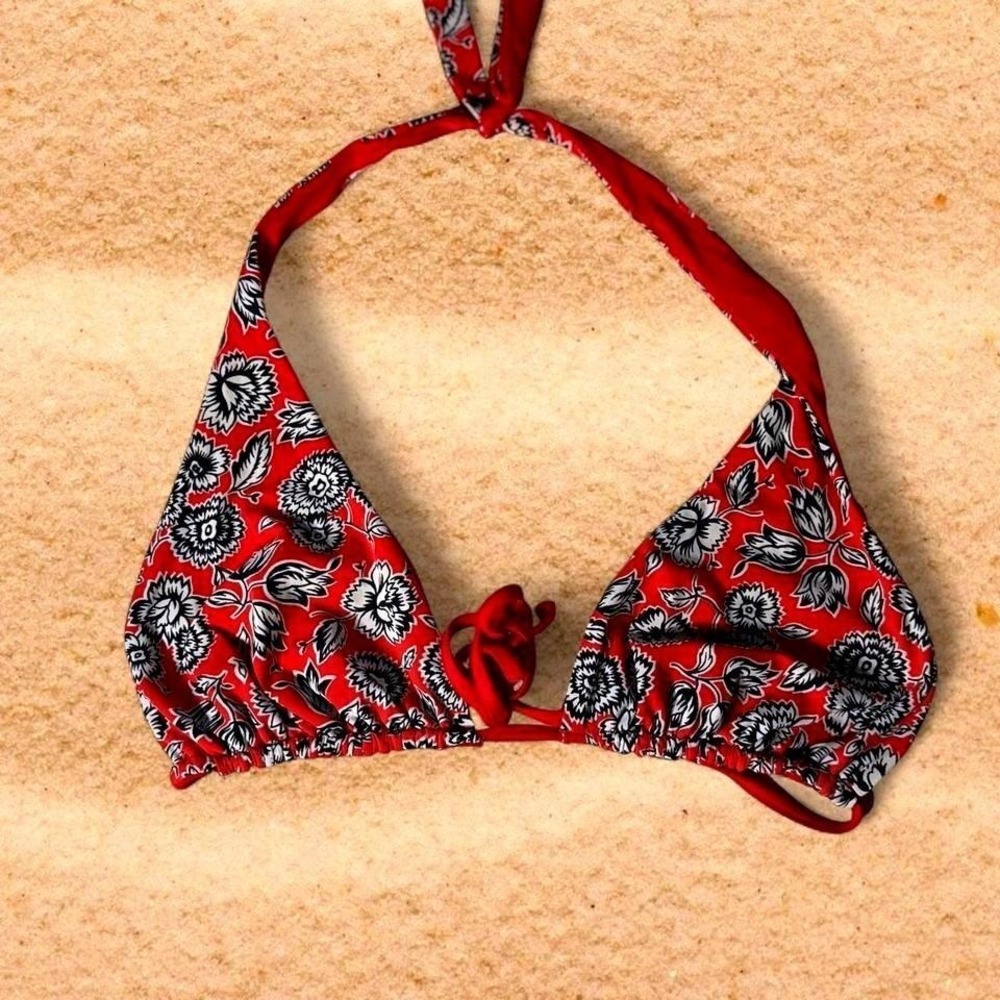 J. Crew Red Floral Woodblock Print Triangle Halter Bikini Top Medium Womens